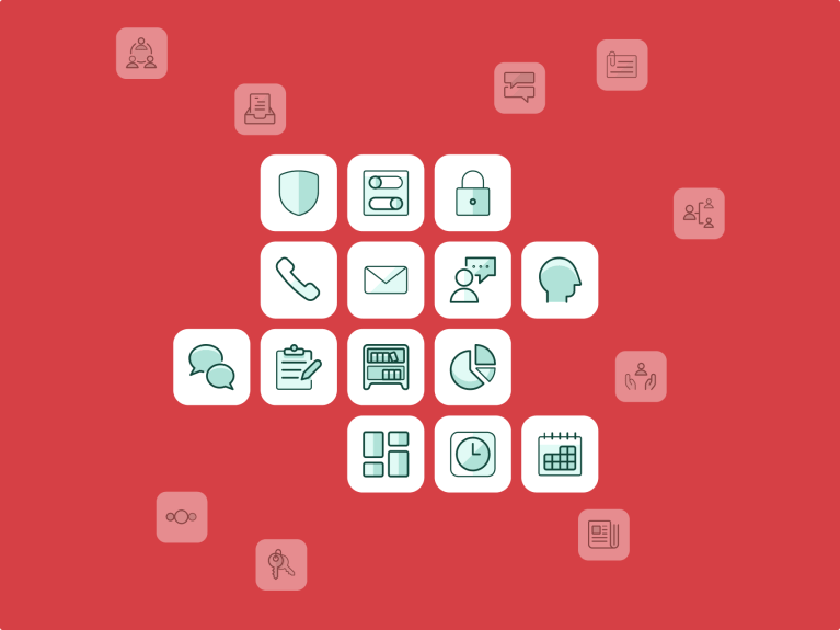 A red background featuring various UI icons arranged in tiles, as part of JOCI's services.