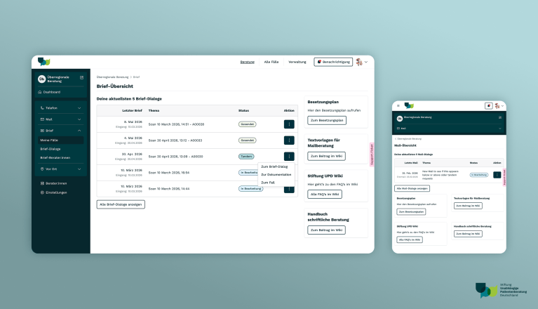 Ansicht der neuen Web-Oberfläche des Beratungscockpits für die Stiftung Unabhängige Patientenberatung Deutschland.