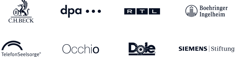 Logos der Factorial.io Kunden: C.H. Beck, dpa, RTL, Boehringer Ingelheim, TelefonSeelsorge, Occhio, Dole und Siemens Stiftung