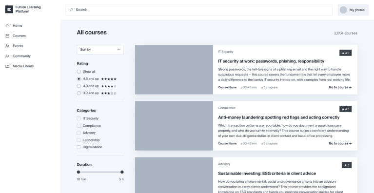 Screenshot of the learning content overview with filters for rating, category and duration