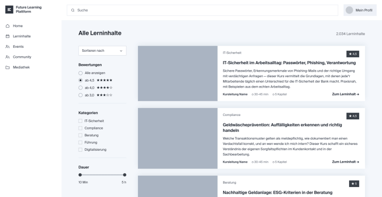 Screenshot der Lerninhalte-Übersicht der Lernplattform mit Filtern für Bewertung, Kategorie und Dauer