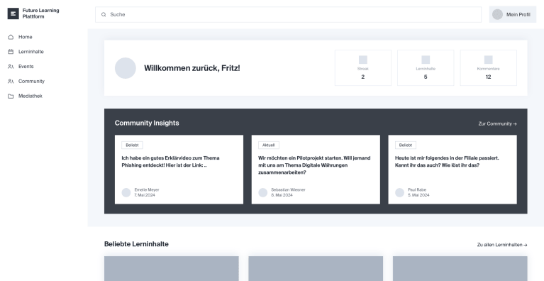 Screenshot der Lernbar-Startseite mit personalisierter Begrüßung, Lernfortschritt und Community Insights