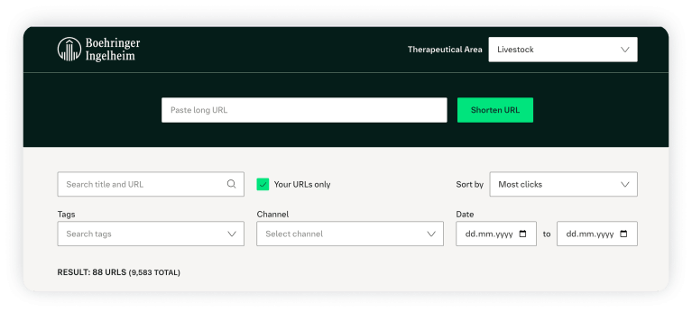 Eingabemaske des Kurzlink-Tools: Feld zum Einfügen einer langen URL, Auswahl des Therapeutic Area sowie Filter für Titel, Tags, Kanal und Zeitraum.