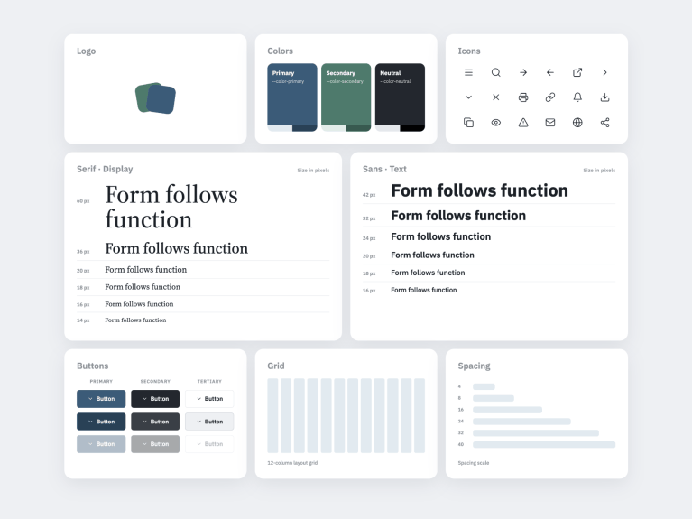 Example of a design system with colours, typography, icons, buttons, grid and spacing as a foundation for AI in design