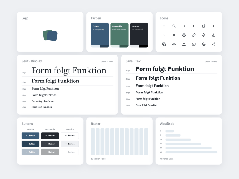 Beispiel eines Designsystems mit Farben, Typografie, Icons, Buttons, Raster und Abständen als Grundlage für KI im Design