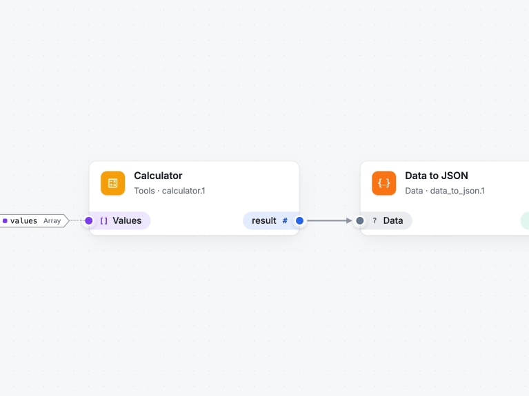 FlowDrop Editor zeigt Eingaben und Ausgaben direkt am Node, mit Datentyp an jedem Anschluss