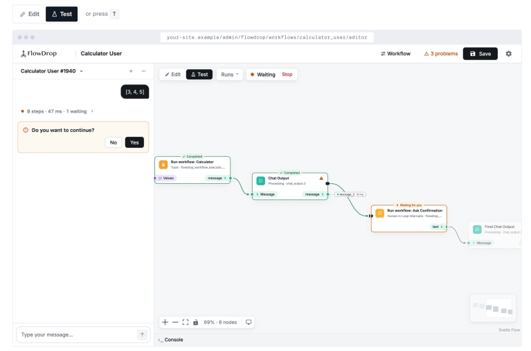 FlowDrop Editor im Testmodus: Der Workflow wartet auf eine Freigabe und fragt im Playground nach, ob er fortfahren soll