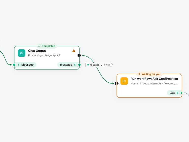 FlowDrop Workflow mit Statusanzeige: ein Schritt abgeschlossen, der nächste wartet auf menschliche Freigabe