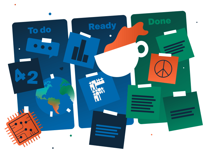 Illustration of a Scrum board with the columns “To do”, “Ready” and “Done”. The columns are filled with sticky notes: speech bubble, number 42, processor, bar chart, Factorial logo, peace sign and other notes with stylized text. A cup with red liquid floats above the board.