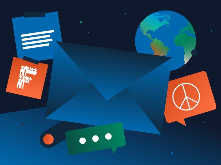 Illustration of messaging elements, including the Factorial company logo, a globe and an envelope