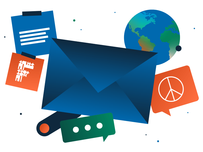 Illustration of a blue envelope surrounded by sticky notes, one with the Factorial logo, a globe, and speech bubbles one with the peace sign.