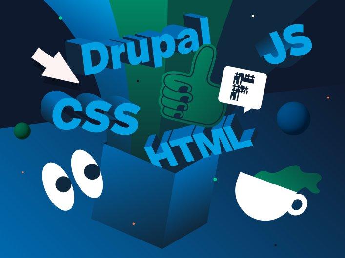 Illustration with the words JS, Drupal, HTML and CSS in 3D font and a thumbs up with Factorial speech bubble flying out of a box, surrounded by a mouse cursor, eyes looking left and a cup of green liquid.