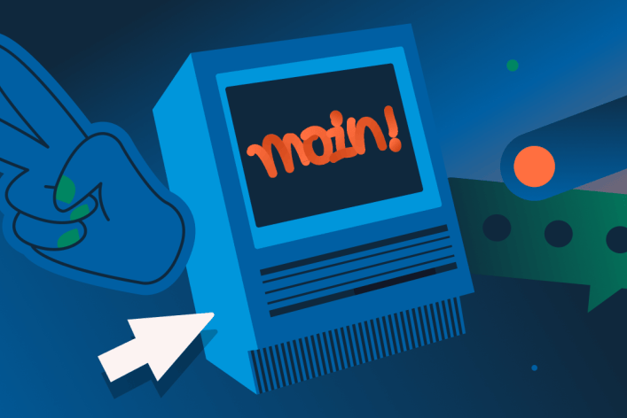 Eine Illustration des Friedens, dargestellt durch zwei Finger neben anderen schwebenden Elementen wie einem Oldschool-Computer mit Moin, Kreisen, einem Klicksymbol und einem Chat-Blasensymbol