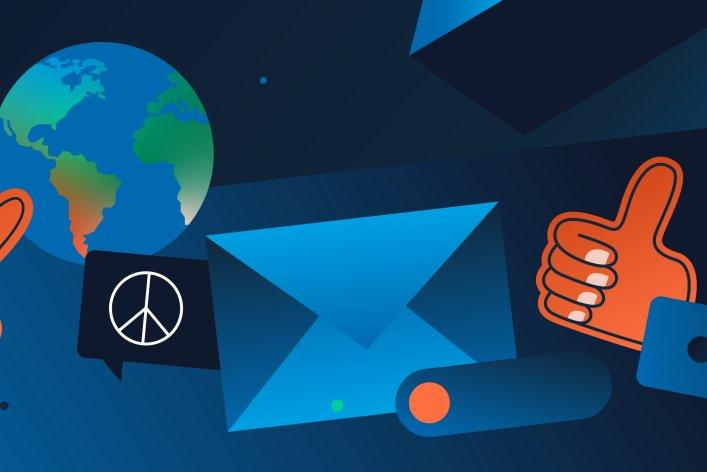 An illustration of peace, represented by two hands alongside other floating pictorial elements such as a globe, a peace symbol, a thumbs up and an envelope