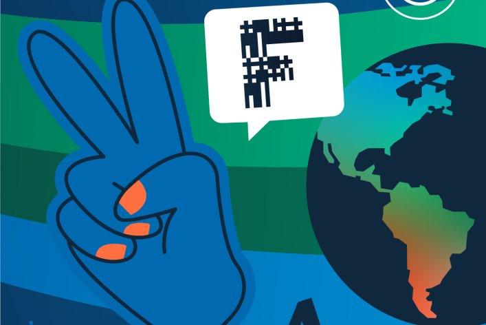 Factorial mit dem Factorial F-Logo, einer Weltkugel und positiven Vorzeichen