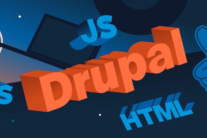 Illustration with the words Drupal, CSS, HTML, and JS