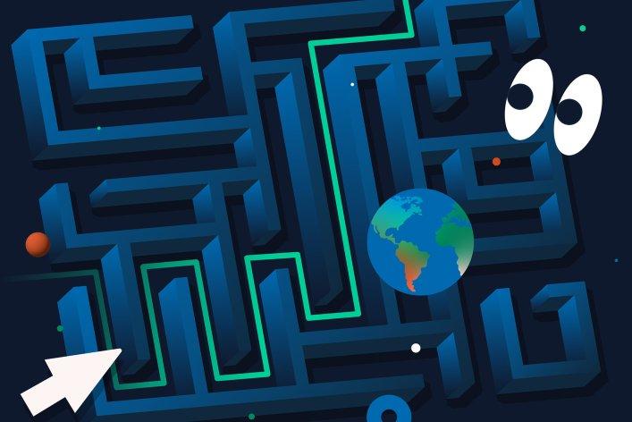 Illustration of a maze with a green line leading from one end to the other.