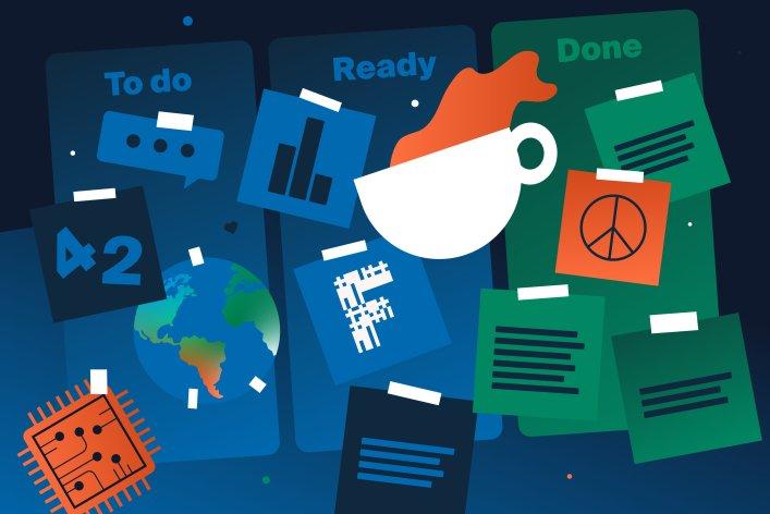 Illustration, die einem Kanban-Board ähnelt. Auf drei Spalten (To do, Ready und Done) sind Post-its geklebt.