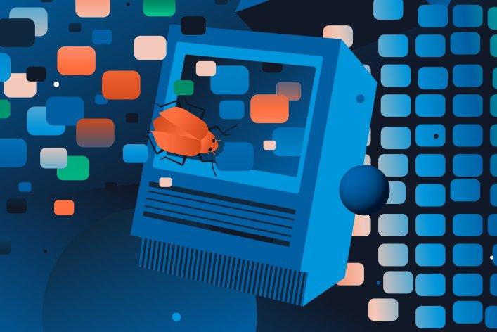 Computer with bug icon symbolizing a DDoS attack that disrupts the digital infrastructure and online services of NGOs.