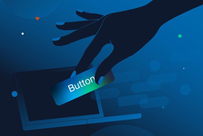 Stilisierte Grafik einer dunklen Hand, die einen leuchtend blauen Button mit der Aufschrift ‚Button‘ vor einem Laptop hält – Symbolbild für UI-Interaktion oder digitale Gestaltung.