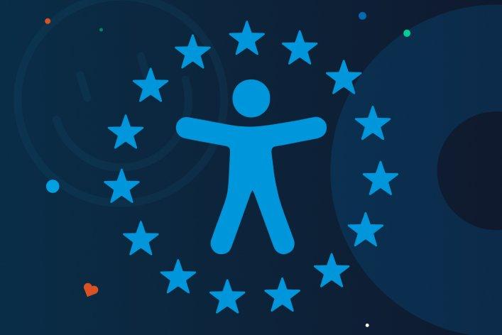 Illustration mit dem Symbol für Accessibility sowie einem Kreis aus Sternen, um das Symbol herum, stellvertretend als Symbol für die Europäische Union.