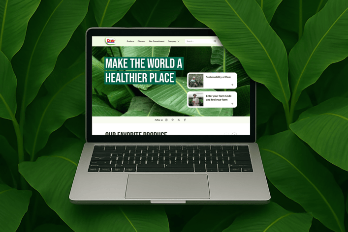 Mockup eines Laptops mit einer Ansicht der Dole-Website auf dem Bildschirm, umgeben von B