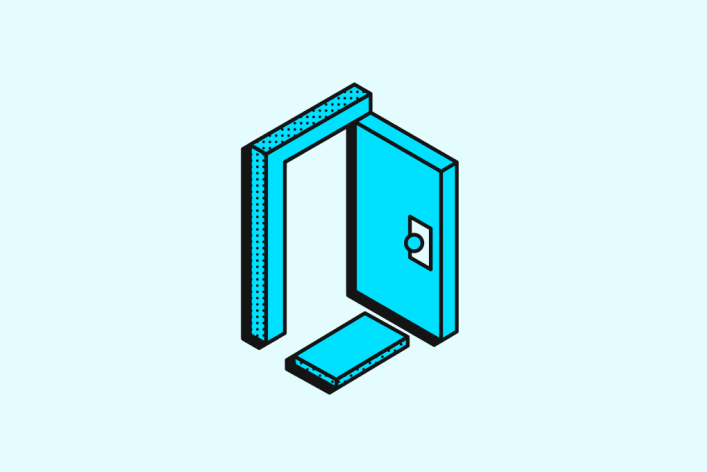 Minimalistische Illustration einer geöffneten blauen Tür, Symbol für Transparenz und Zugänglichkeit in einem Open Source CRM.