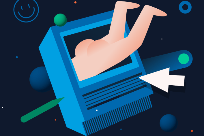 An illustration with a human lower body part diving into a computer display.