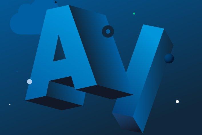 3D-Illustration der Buchstaben „AI“ in Blau auf dunklem Hintergrund mit abstrakten Formen und Wolkenelementen – modernes Konzeptbild für Künstliche Intelligenz, digitale Technologie und Zukunftstechnologien.