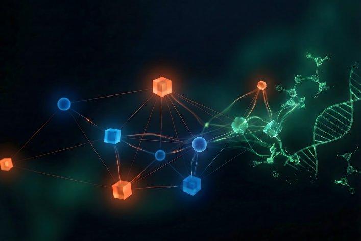 Illustration verschiedener Moleküle in den Factorial Farben orange, blau und grün.