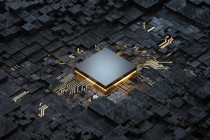Abstract 3D illustration of a chip among modular cube elements and glowing circuits, symbolizing composable architecture.