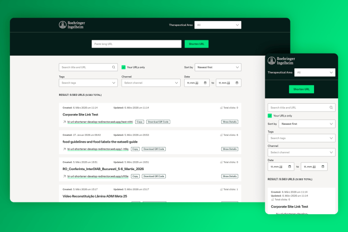 Dashboard des URL Link-Shorteners von Boehringer Ingelheim im Corporate Design von Boehringer Ingelheim, dargestellt in der Desktop- und der mobilen Ansicht.
