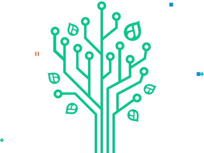 Illustration eines grünen Blattes, das mit einem Computerchip verbunden ist, als Symbol für das Konzept der nachhaltigen IT.