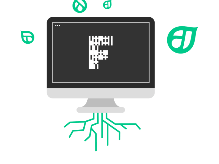 Illustration eines Bildschirms mit dem Factorial-Logo, aus dessen Stand Wurzeln wachsen, symbolisiert nachhaltige Webentwicklung.