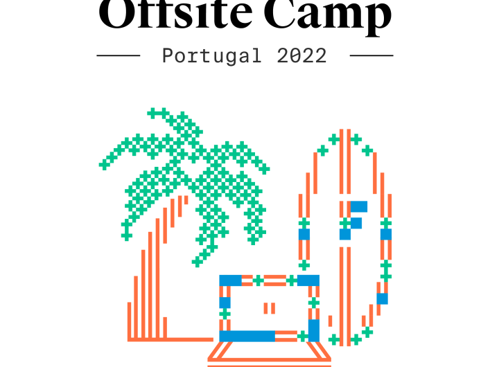 Bild mit einer Palme, einem Laptop und einem Surfbrett, illustriert in den Factorial-Farben und hergestellt aus Bauklötzen