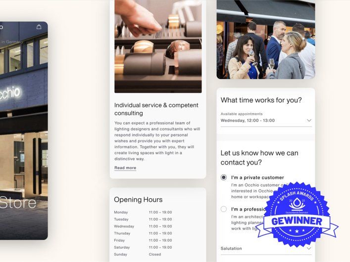 Image showing the Splash Awards 2023 winner Occhio and examples from their web presence