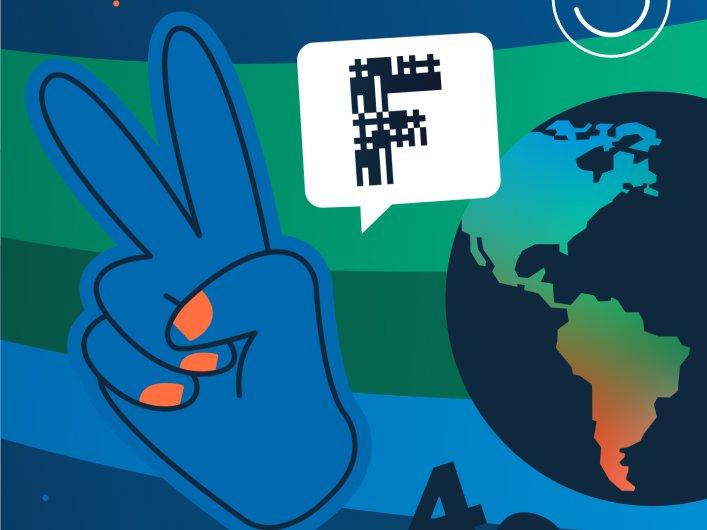 Factorial mit dem Factorial F-Logo, einer Weltkugel und positiven Vorzeichen