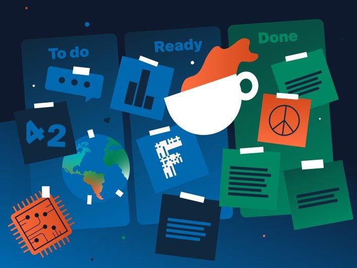 Illustration, die einem Kanban-Board ähnelt. Auf drei Spalten (To do, Ready und Done) sind Post-its geklebt.