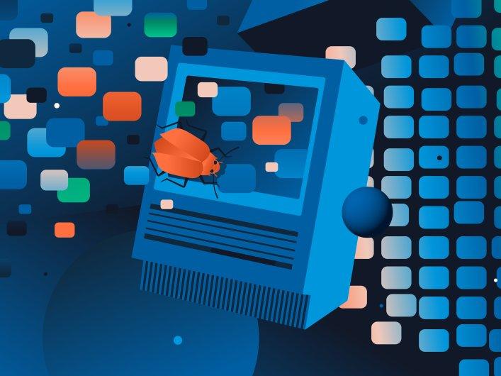 Computer mit Bug-Symbol, das einen DDoS-Angriff auf die digitale Infrastruktur und Online-Dienste von NGOs symbolisiert.