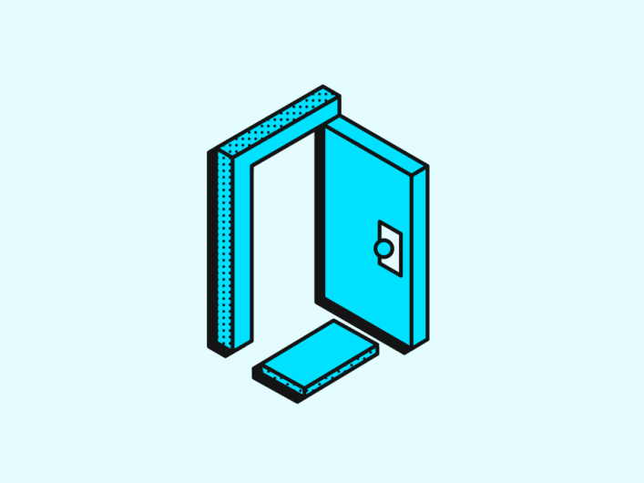 Minimalistische Illustration einer geöffneten blauen Tür, Symbol für Transparenz und Zugänglichkeit in einem Open Source CRM.