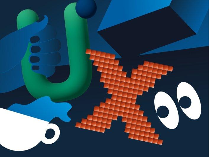 Illustration mit verschiedenen Elementen, darunter einer Tasse, den Buchstaben UX und einem Quadrat