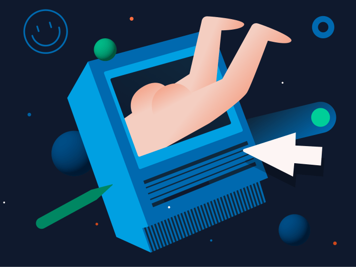 An illustration with a human lower body part diving into a computer display.