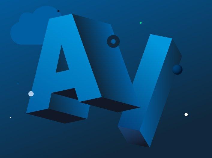 3D-Illustration der Buchstaben „AI“ in Blau auf dunklem Hintergrund mit abstrakten Formen und Wolkenelementen – modernes Konzeptbild für Künstliche Intelligenz, digitale Technologie und Zukunftstechnologien.