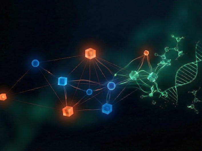 Illustration verschiedener Moleküle in den Factorial Farben orange, blau und grün.