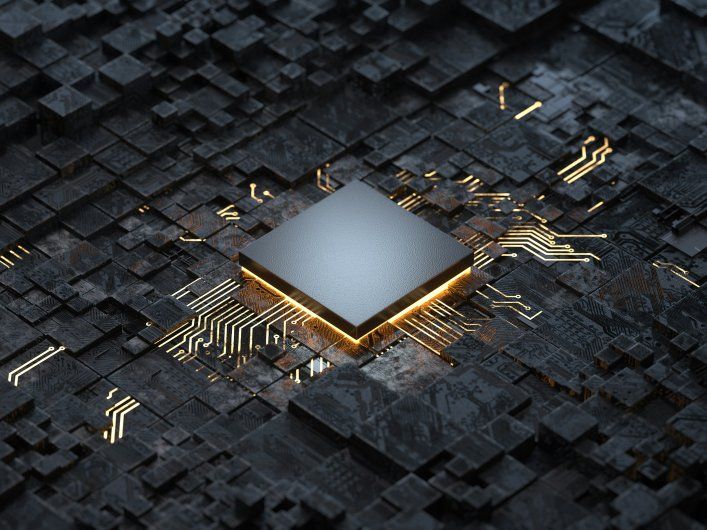 Abstrakte 3D-Illustration eines Chips inmitten modularer Würfel-Elemente und leuchtender Schaltkreise – Sinnbild für composable Architektur.