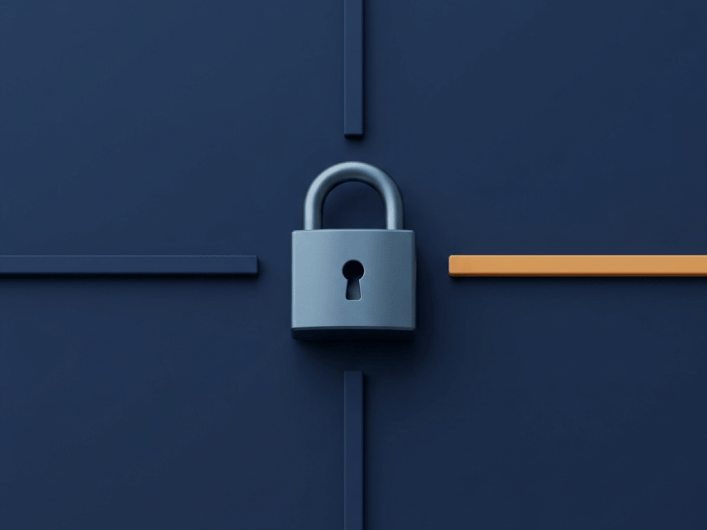 Closed padlock on a dark blue surface with four lines ending at it, as a symbol for vendor lock-in with proprietary software.