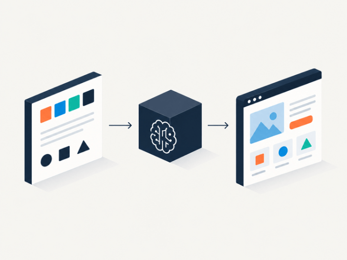 Illustration eines KI-gestützten Design-Systems: Designrichtlinien werden über eine KI-Schnittstelle in eine konsistente Benutzeroberfläche für digitale Produkte übersetzt.