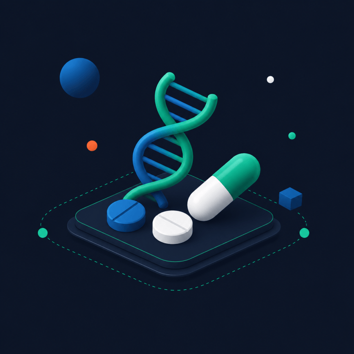 Illustration: DNA-Helix mit Tabletten und Kapsel – digitale Plattformen für Pharma und Life Sciences