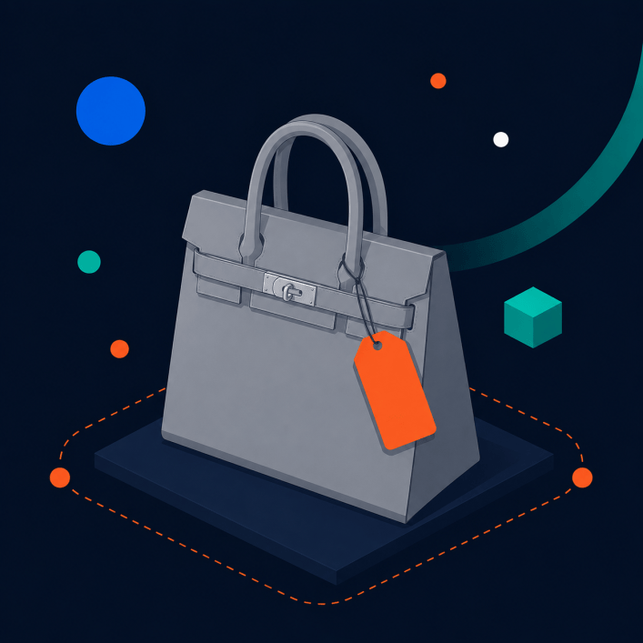 Illustration einer Einkaufstasche mit orangefarbenem Preisschild – E-Commerce und digitale Markenerlebnisse
